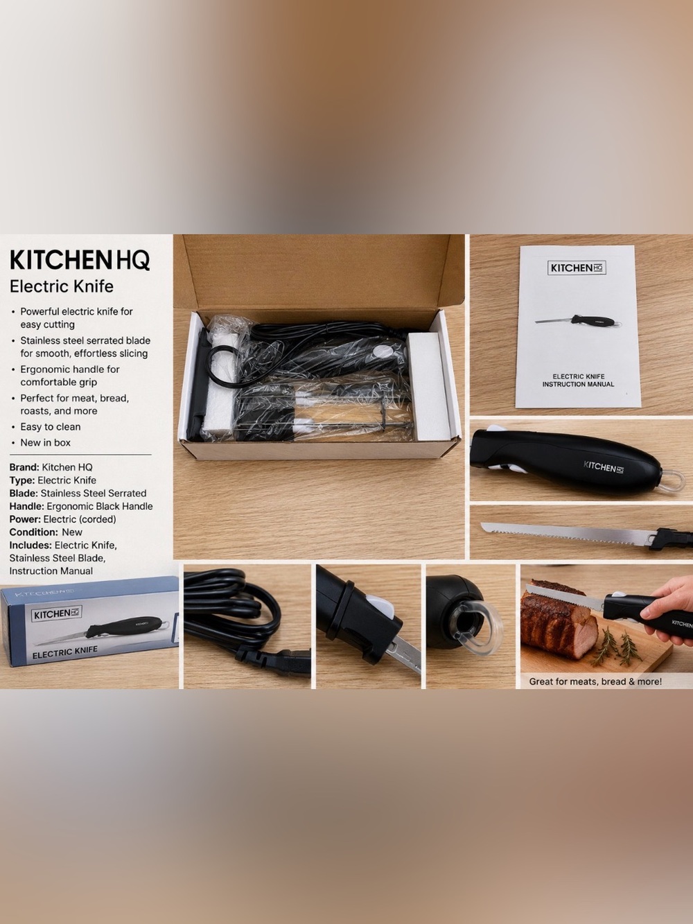 Kitchen HQ Black Electric Knife with Serrated Stainless Blade